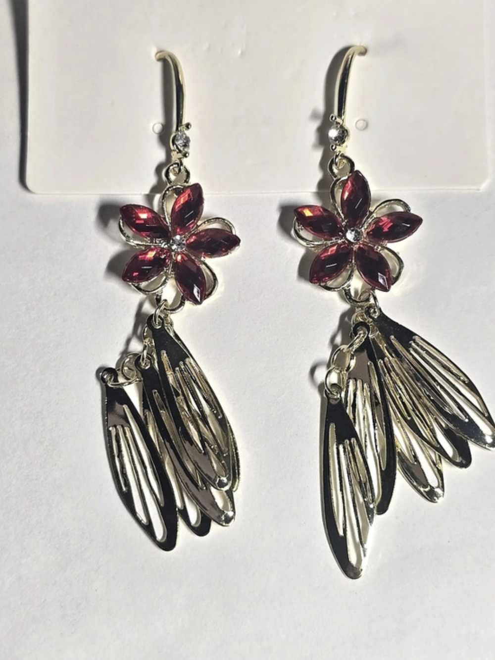 Gold Tone Red Rhinestone Flower Dangle Earrings Layered Leaf Statement